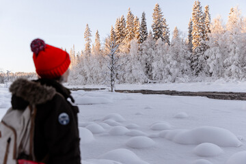 Femme contemplant le paysage en Laponie