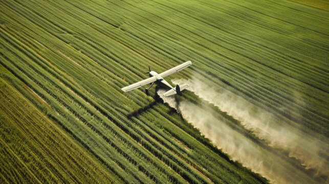 A closeup of a crop duster plane flying over a vast field releasing a fine mist of fertilizer onto the crops below.