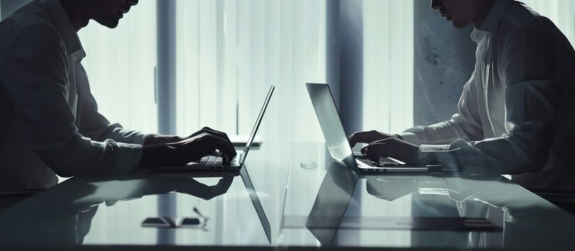 Two Businessmen Typing On Laptops In A Meeting Room, In The Style Of Light-focused, Minimalist Backgrounds, Soft And Airy Compositions, Light Silver And Light Navy