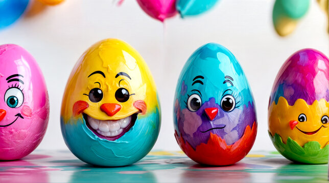 Two painted eggs sitting next to each other with faces painted on one of them