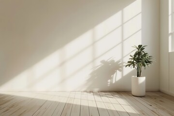 white living room with wooden flooring and plant 3d rendering, in the style of serene watercolors, marble