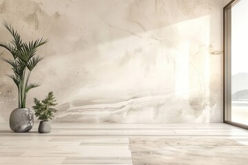 white living room with wooden flooring and plant 3d rendering, in the style of serene watercolors, marble