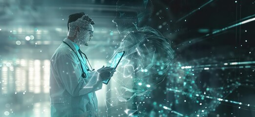  a stethoscope, the doctor is holding a computer screen, in the style of double exposure, molecular structures