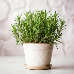 Fresh rosemary planted in a flowerpot on a light background.