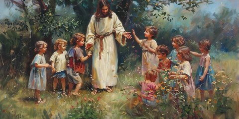 Artistic depiction of Jesus Christ with a group of young happy children. Oil painting christian art style - obrazy, fototapety, plakaty
