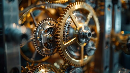 Close-up of a complex arrangement of gears and cogs within machinery, illustrating the beauty of industrial engineering, intricate machinery gears and cogs.