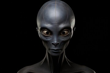 3D rendering of an alien head with big eyes on black background, representing extraterrestrial life and UFO. Science fiction illustration of a mysterious outer space creature.
