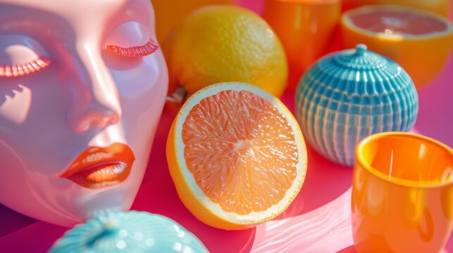 A surreal still life composition featuring a mannequin head with vibrant lips alongside fresh citrus fruit on a pink striped background, surreal composition with mannequin and citrus. - Powered by Adobe