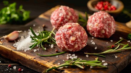cooked minced beef and pork balls on a chopping Board for lunch or dinner  - obrazy, fototapety, plakaty