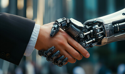 Man And Robot Handshake Technology Concept
