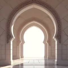 Mosque Architectural arch with sunbeam and shades. copy space. Ramadan concept, template. mockup. 
