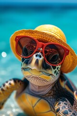A turtle wearing glasses and a hat is relaxing on a tropical beach
