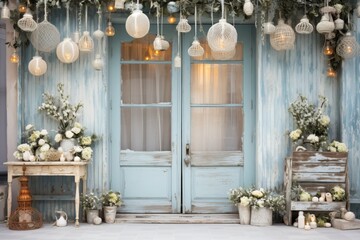 A charming blue wooden door adorned with vibrant flowers and hanging lights, surrounded by lush greenery. The warm light from the open door creates a magical ambiance, inviting exploration.