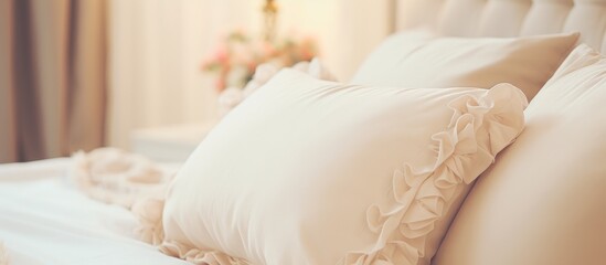 A detailed view of a bed adorned with crisp white sheets and plump pillows, creating a clean and inviting atmosphere in a bedroom interior. The bedding exudes a sense of luxury and comfort.