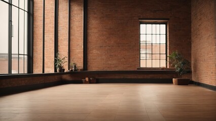 A loft-style room featuring a spacious window, with wooden flooring and brick wall 