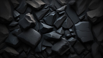 A collection of dark, jagged rocks or stone pieces, densely packed together, with a play of light and shadow highlighting their texture and form