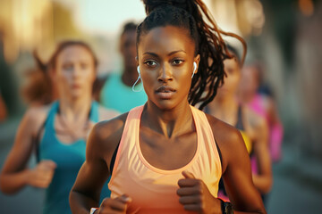 A group of multiethnic women jogging on a street with soft diffused light and blurred background, wearing colorful workout clothes and earbuds