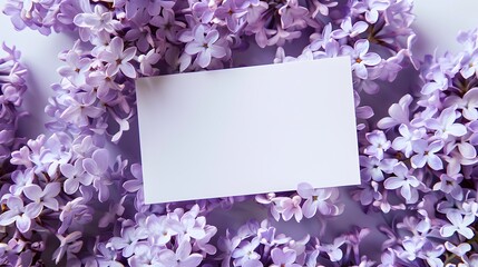Blank white paper card on purple or violet flower's petals background, for Greeting, postcard, birthday, wedding invite mockup view from top.