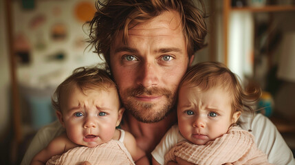 Portrait of a young father with two little baby twins crying.