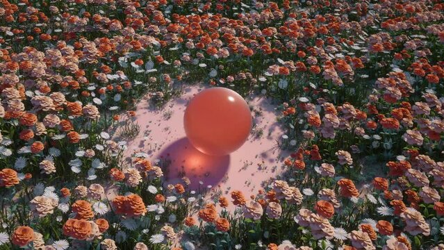3D Animation - Ball rolling in a loop across a wavy spring landscape full of flowers