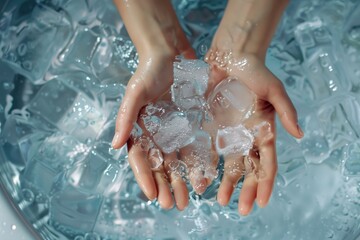A woman's hands cool in a sink with water and ice, light color background. Cold water therapy benefits for health concept. - obrazy, fototapety, plakaty