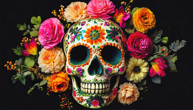 Uma caveira mexicana branca com pintura de flores, com um arranjo de flores diversas e coloridas ao redor, com fundo preto.