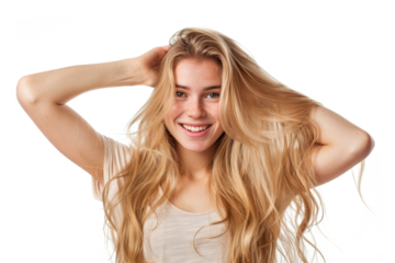 beautiful blonde young woman raising up hands in her hair