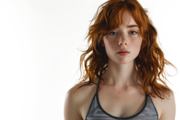 beautiful young redhead woman in sports bra isolated on white or transparent png background