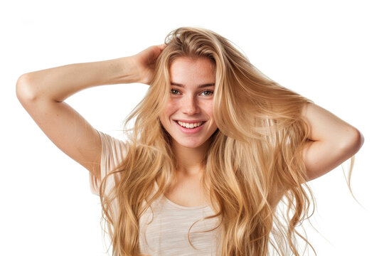 beautiful blonde young woman raising up hands in her hair