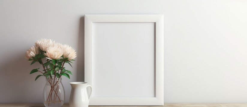 A vase filled with colorful flowers sits next to a blank picture frame on a wooden table. The flowers add a pop of color to the scene, while the frame awaits a special photograph.