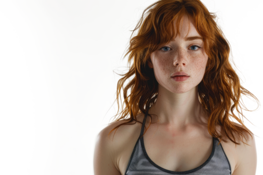 beautiful young redhead woman in sports bra isolated on white or transparent png background