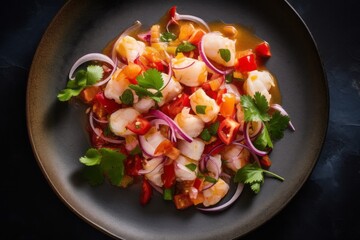 Hearty ceviche on a marble slab against a grey concrete background