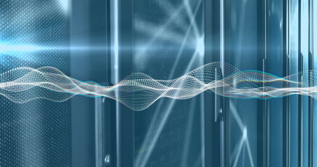 Image of waves and lights over servers