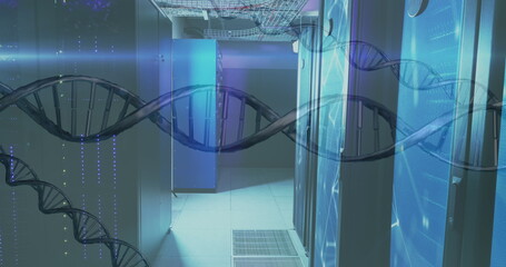 Image of dna and shapes over servers