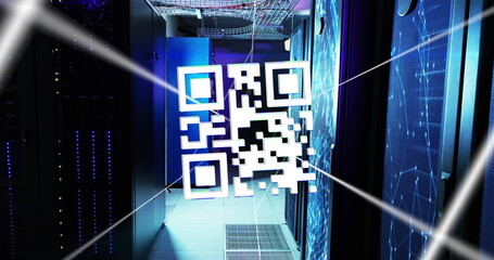 Image of qr code and lines over servers