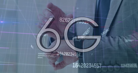 Image of 6g and numbers over caucasian businessman using smartwatch