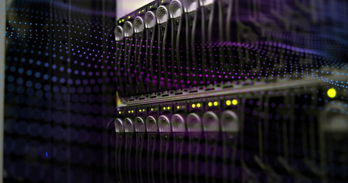 Image of waves made of dots moving over servers