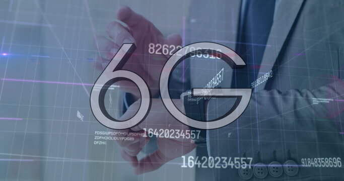 Image of 6g and numbers over caucasian businessman using smartwatch - Powered by Adobe