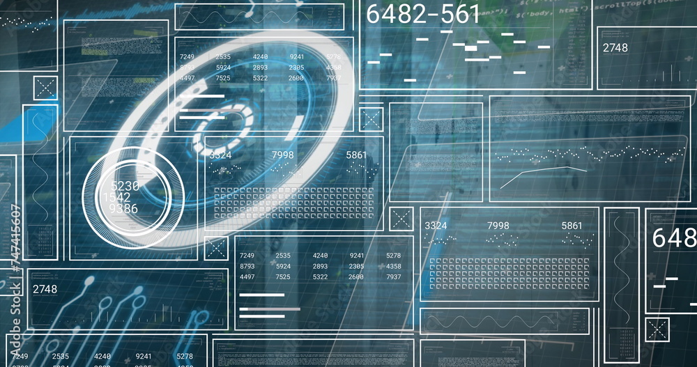 Poster image of digital interface with data processing over black background