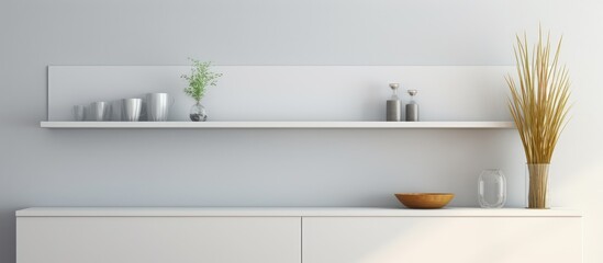 A white shelf mounted on a wall with a vase and several candles placed on top. The minimalistic design provides a clean and organized look to the space.