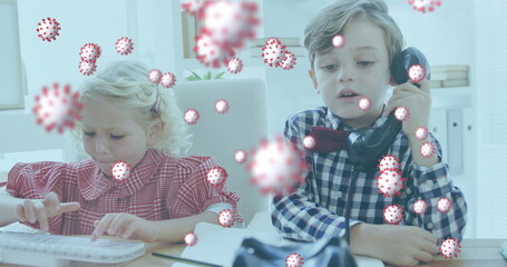 Image of Covid 19 coronavirus cells spreading over girl and boy working in an office together