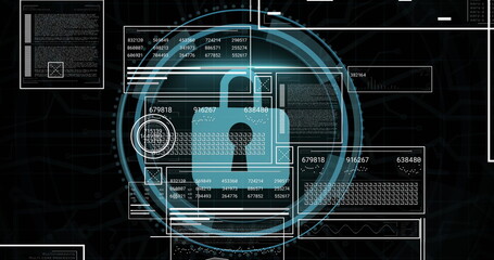 Image of digital interface with data processing over black background