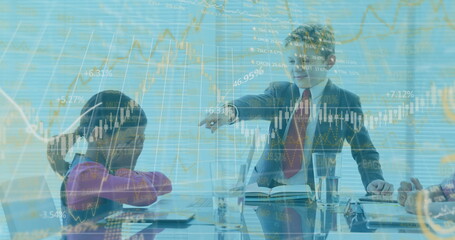 Image of financial digital data processing over children at business meeting, boy standing and point