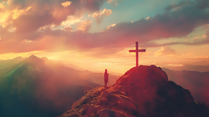 Solitary Figure by a Cross at Sunset on a Mountain