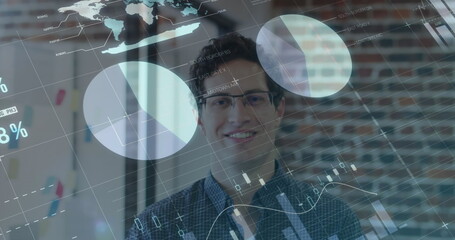 Image of financial data processing over businessman in office