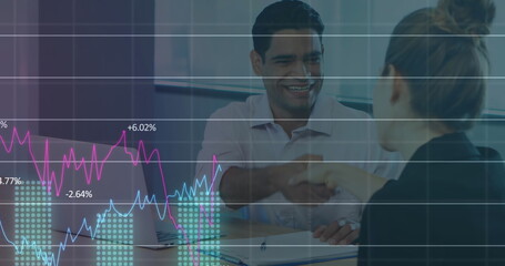 Image of financial data processing over business people talking and shaking hands in office