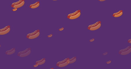 Image of falling hot dogs icons on purple background