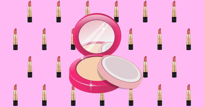 Fototapeta Image of powder and lipsticks icons and style text on purple background
