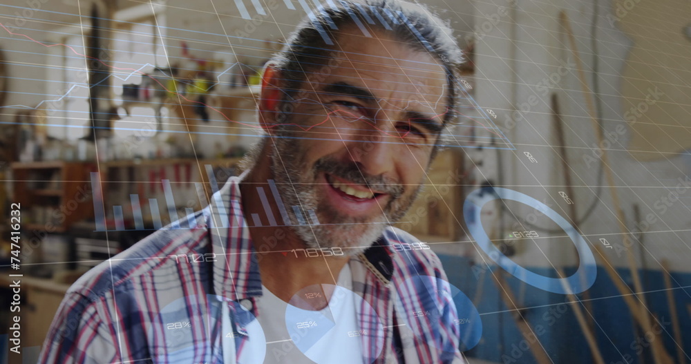 Poster image of data processing over caucasian male carpenter working in workshop