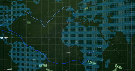 Fototapeta premium Image of viewfinder, data processing and world map on black background